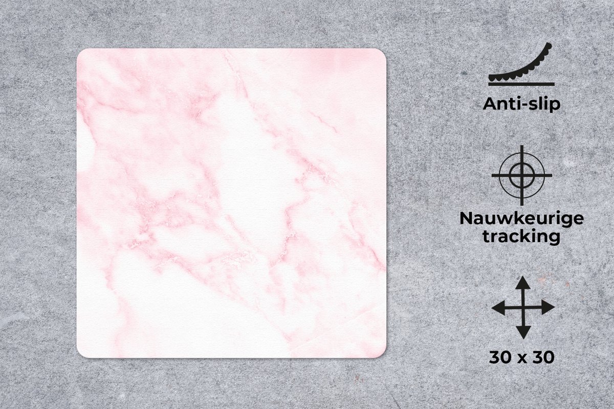 Muismat 30x30 cm - Mousepad Marmer - Wit - Roze - Chic - Marmer printlook - Muismatten