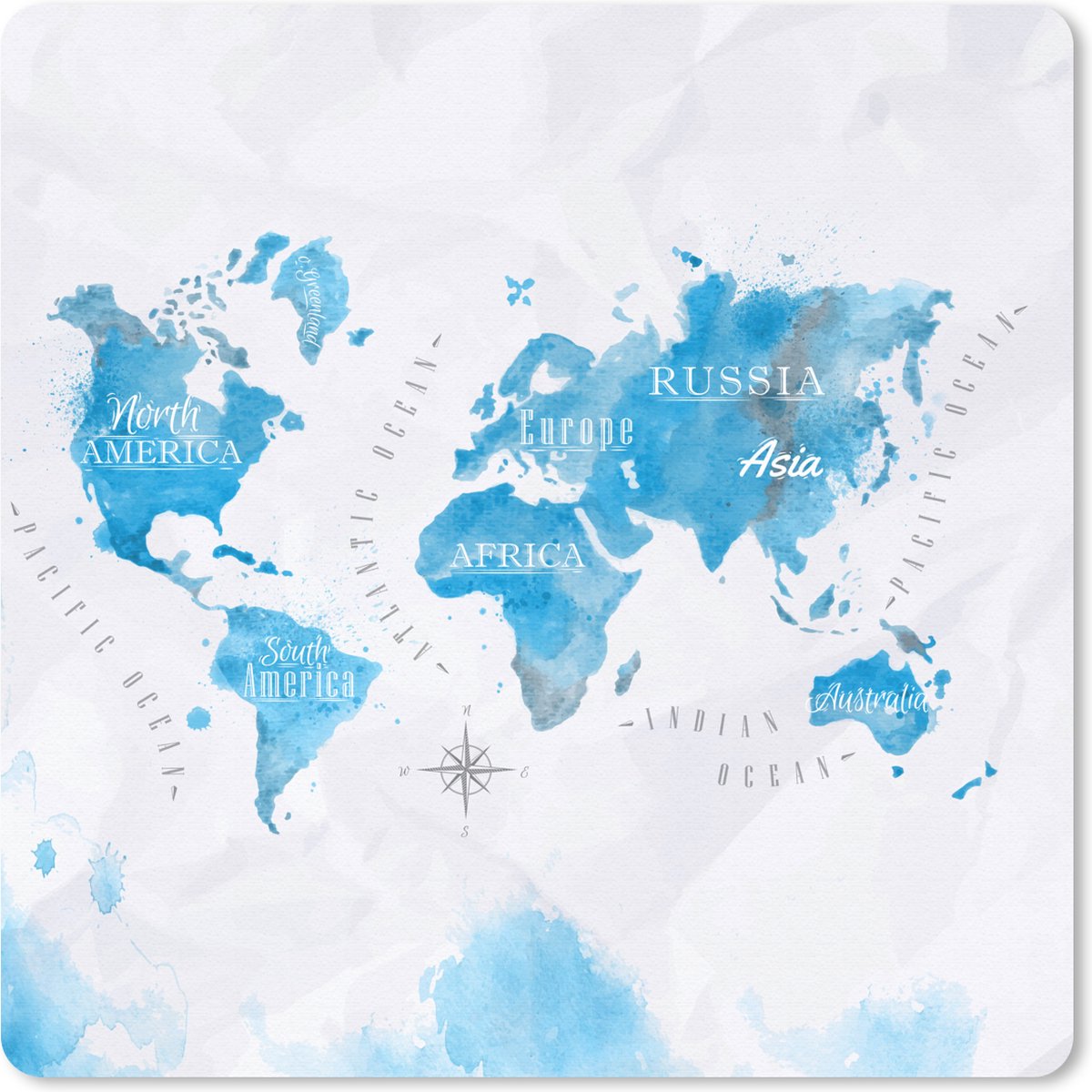 Muismat 20x20 cm - Mousepad Waterverf - Wereldkaart - Blauw - Muismatten