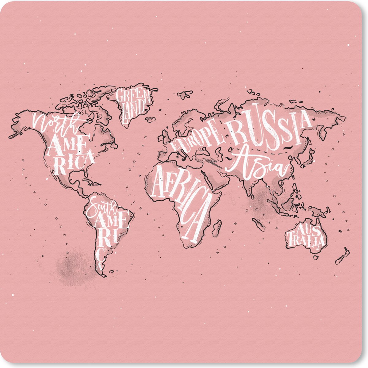 Muismat 30x30 cm - Mousepad Wereldkaart - Roze - Wit - Letters - Muismatten