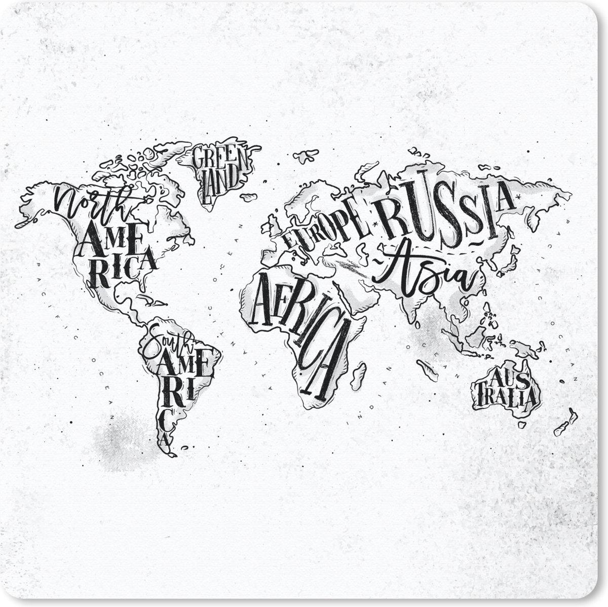 Muismat 30x30 cm - Mousepad Wereldkaart - Zwart - Wit - Letters - Muismatten