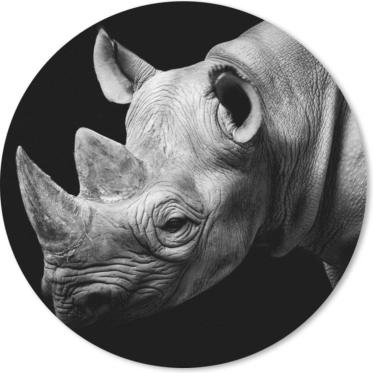 Muismat rond 30x30 cm - Mousepad Dieren - Neushoorn - Zwart - Wit - Portret - Ronde muismatten