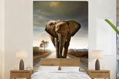 Behang - Fotobehang Olifant - Weg - Dieren - Zonsondergang - Landschap - Breedte 170 cm x hoogte 260 cm