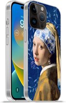 Geschikt voorApple Iphone 14 Pro - Softcase hoesje - Meisje met de parel - Delfts blauw - Vermeer - Bloemen - Schilderij - Oude meesters - Siliconen Telefoonhoesje