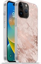 Geschikt voorApple Iphone 14 Pro - Softcase hoesje - Marmer print - Roze - Luxe - Marmer printlook - Glitter - Design - Siliconen Telefoonhoesje