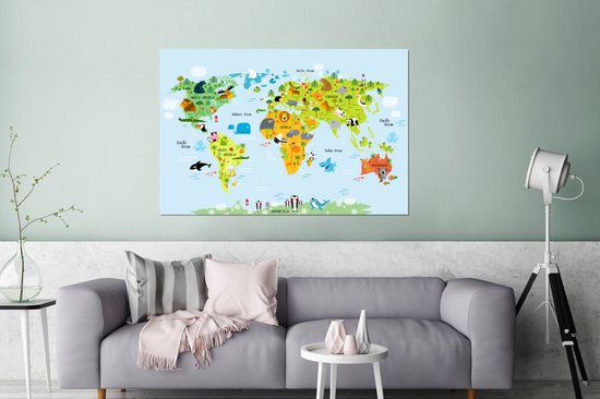 Décoration murale Métal - Aluminium - Wereldkaart - Enfants - Animaux - Nature - 180x120 cm