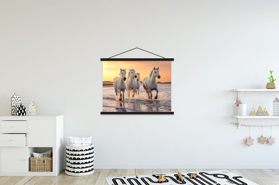 Porte-affiche avec affiche - Affiche scolaire - Paarden - Soleil - Mer - Plage - Animaux - 120x90 cm - Lattes noires