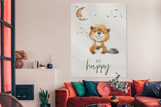 Canvas kids - Be happy - Jongen - Bever - Waterverf - Maan - Foto op canvas - Wanddecoratie kinderkamers - 120x160 cm - Kinderkamer decoratie - Foto op Canvas