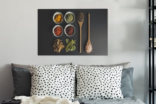 Toile Peinture Louche - Épices - Herbes - Vert - Marron - Rustique - 90x60 cm - Décoration murale