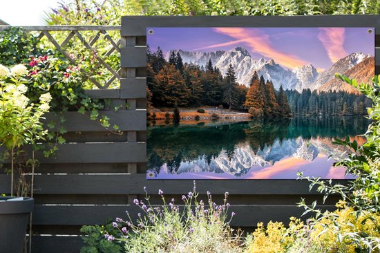 Affiche jardin - Toile jardin - Posters de jardin extérieur - Montagnes - Forêt - Water - Ciel - Rose - Violet - 120x80 cm - Jardin