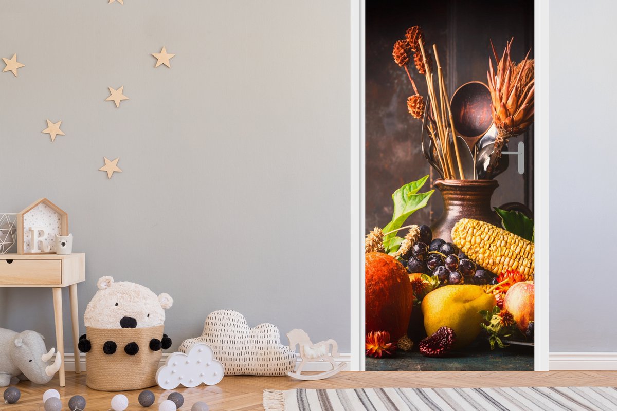Deurposter 90x235 cm - Deursticker Groente - Fruit - Rustiek - Tafel - Meubelfolie zelfkle