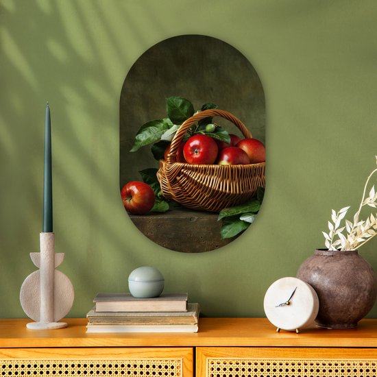 Ovale Mural - Ovale Mural - Décoration murale Plastique - Peinture Ovale - Rustique - Pomme - Fruit - Rouge - Panier - Nature Morte - 40x60 cm - Forme Miroir Ovale sur Plastique