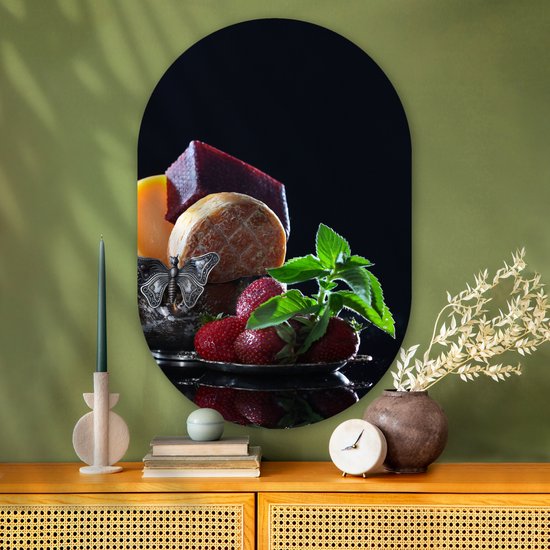 Ovale mural - Ovale mural - Décoration murale en plastique - Tableau ovale - Rustique - Fruits - Fromage - Table - Nature morte - 80x120 cm - Forme miroir ovale sur plastique