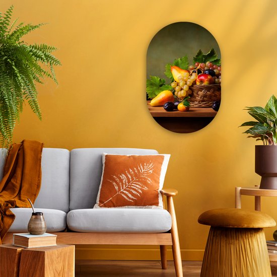 Ovale mural - Ovale mural - Décoration murale murale en plastique - Tableau ovale - Rustique - Corbeille - Fruits - Nature morte - 40x60 cm - Forme miroir ovale sur plastique