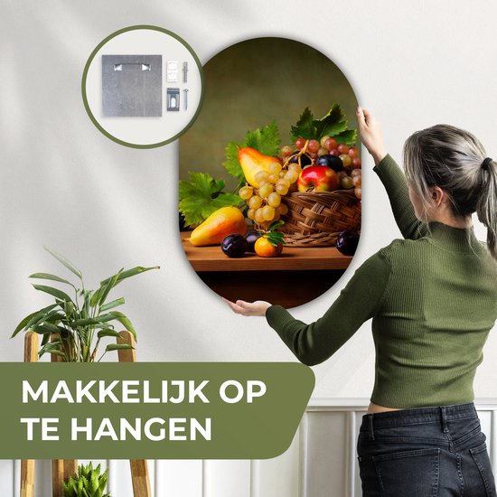 Ovale mural - Ovale mural - Décoration murale en plastique - Tableau ovale - Rustique - Corbeille - Fruits - Nature morte - 60x90 cm - Forme miroir ovale sur plastique