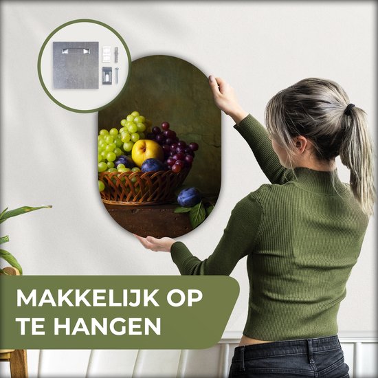 Ovale mural - Ovale mural - Décoration murale en plastique - Peinture ovale - Rustique - Fruits - Canette - Panier - Nature morte - 40x60 cm - Forme miroir ovale sur plastique
