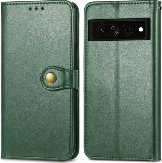 Groene telefoonhoes in boekstijl, voor- en achterkant, met drukknopsluiting en camerapoort.