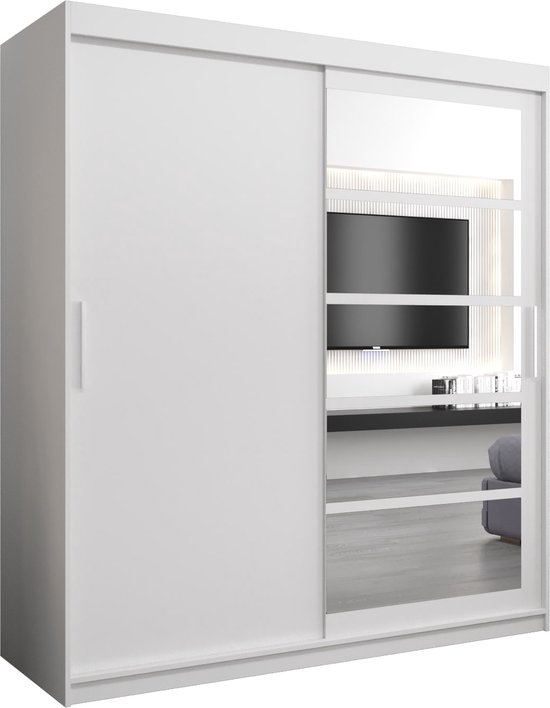 InspireMe - Kledingkast met 2 schuifdeuren, Modern-stijl, Een kledingkast met planken en een spiegel (BxHxD): 180x200x62 - VENEZIA I 180 Wit Mat