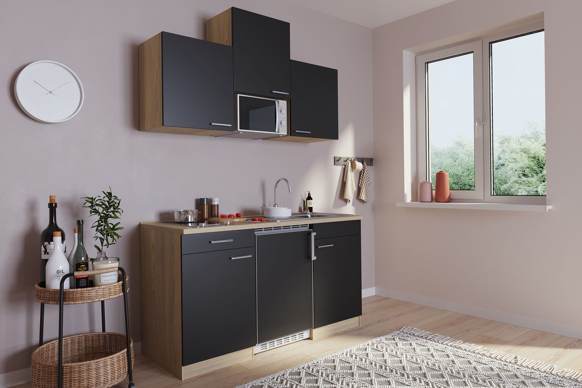 Goedkope keuken 150 cm - complete kleine keuken met apparatuur Luis - Eiken/Zwart - keramische kookplaat - koelkast - magnetron - mini keuken - compacte keuken - keukenblok met apparatuur