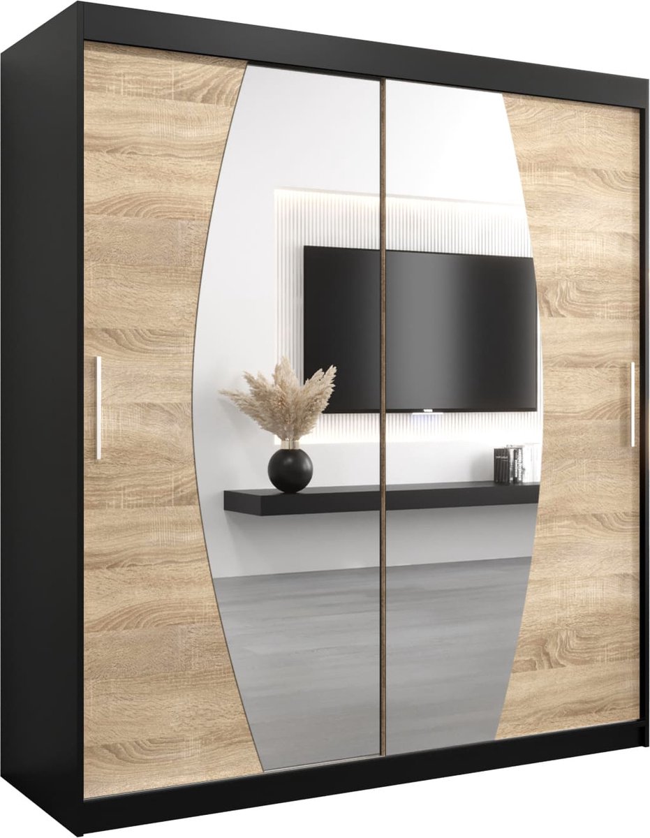 InspireME Kledingkast met 2 schuifdeuren, Modern-stijl, Een kledingkast met planken en een spiegel (BxHxD): 180x200x62 - GLOBE 180 Zwart Mat + Sonoma Eik