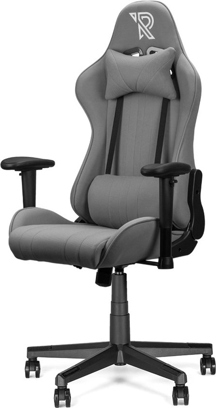 Grijze gaming stoel met kussens, een verstelbare rugleuning en het Ranqer logo op de hoofdsteun.