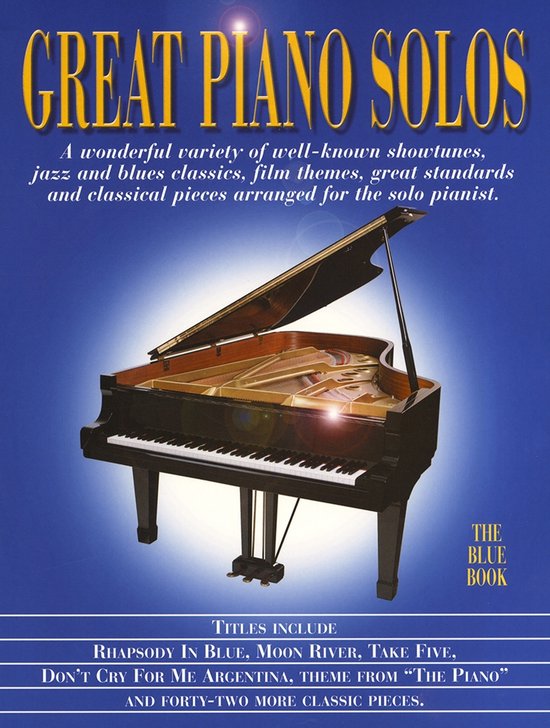 Boek "Great Piano Solos - The Blue Book" met een vleugel en tekst over pianostukken.