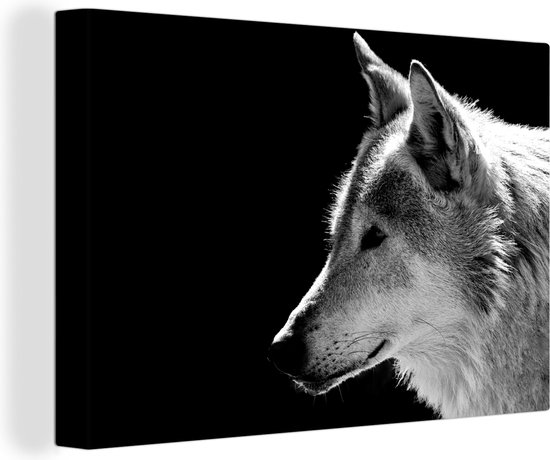 Canvas schilderij - Wilde dieren - Wolf - Zwart - Wit - Canvas doek - 30x20 cm - Canvas - Woondecoratie - Wanddecoratie