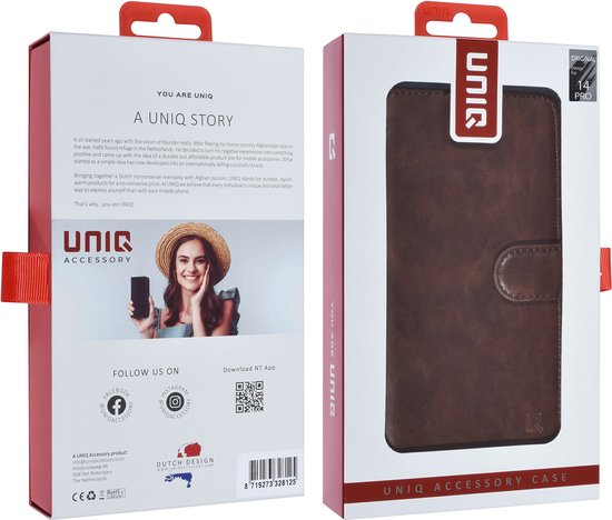 UNIQ Accessoire Marron Foncé iPhone 14 Pro Booktype Porte-cartes pour 9 cartes - Fermeture aimantée
