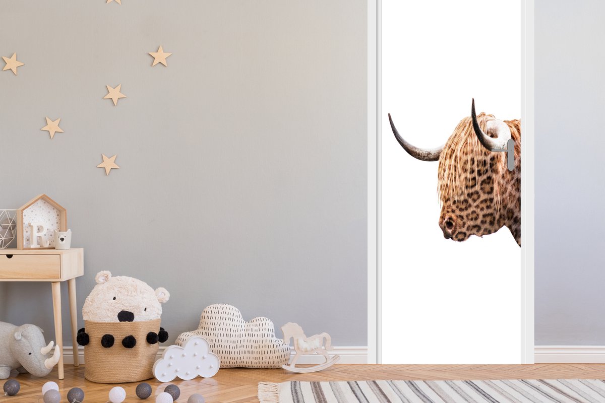 Deurposter 85x215 cm - Deursticker Schotse hooglander - Panter - Wit - Meubelfolie zelfkle