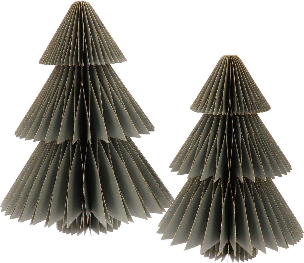 Papieren Kerstbomen - Set 2 stuks: 25 x ø20 en 15 x ø12 cm - Magneetsluiting - Trendy kerstdecoratie - Picea Antraciet grijs - Kerst sfeer - Kerstversiering - kleine Kerstboom voor binnen - Honeycomb - FSC papier - duurzaam interieur - gouden randen