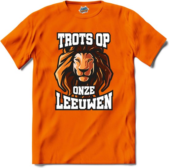 Trots op onze leeuwen - Oranje elftal WK / EK voetbal kampioenschap - bier feest kleding - grappige zinnen, spreuken en teksten - T-Shirt - Meisjes - Oranje - Maat 12 jaar