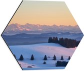 WallClassics - Dibond Hexagon - Heuvels en Bergen met Sneeuw - 40x34.8 cm Foto op Hexagon (Met Ophangsysteem)