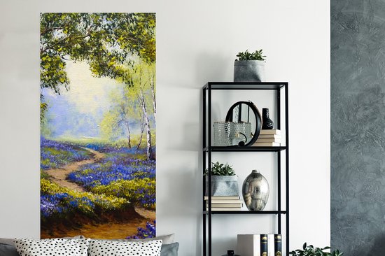 Poster Schilderij - Natuur - Bos - Bloemen - Olieverf - 75x150 cm