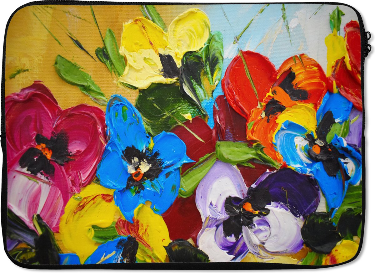 Laptophoes 14 inch - Olieverf - Schilderij - Bloemen - Laptop sleeve - Binnenmaat 33x23 cm - Zwarte achterkant