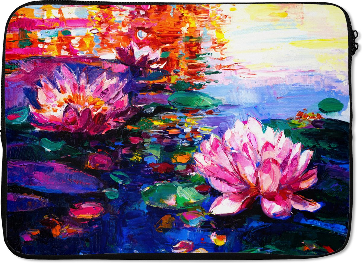 Laptophoes 14 inch - Schilderij - Olieverf - Waterlelie - Water - Laptop sleeve - Binnenmaat 33x23 cm - Zwarte achterkant