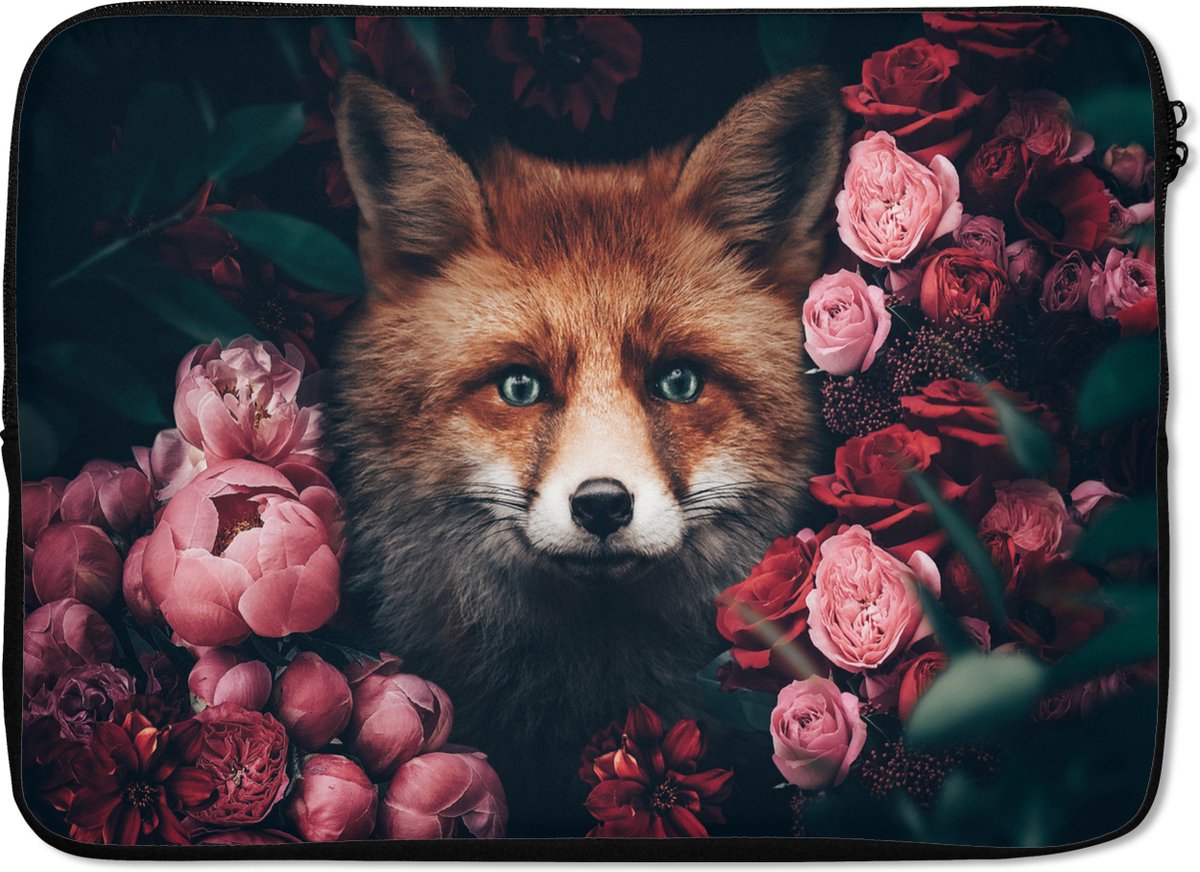 Laptophoes 14 inch - Vos - Bloemen - Botanisch - Dieren - Laptop sleeve - Binnenmaat 33x23 cm - Zwarte achterkant