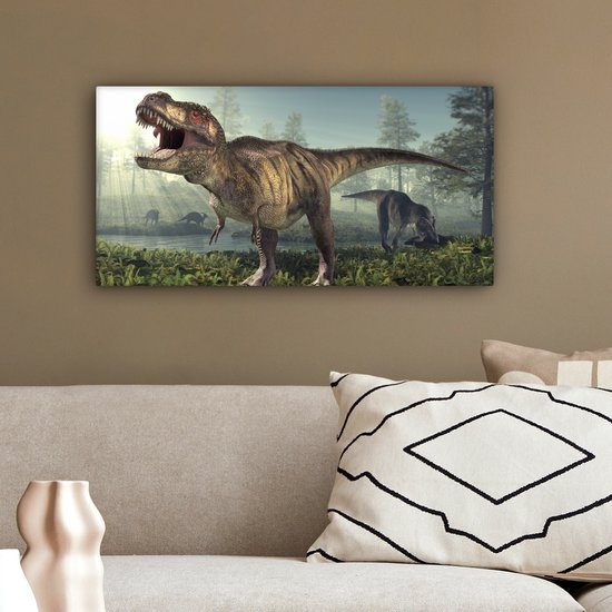 Toile Peinture Dino - Herbe - Dessin - 40x20 cm - Décoration murale