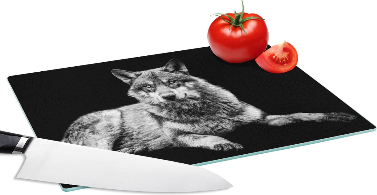 Glazen Snijplank - 28x20 - Wilde dieren - Wolf - Zwart - Wit - Snijplanken Glas