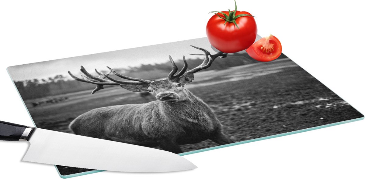 Glazen Snijplank - 39x28 - Dieren - Hert - Gewei - Zwart wit - Natuur - Snijplanken Glas