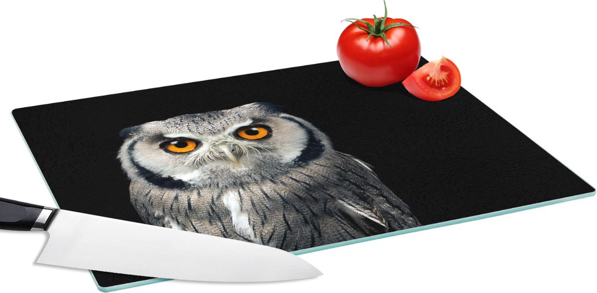 Glazen Snijplank - 39x28 - Uil - Vogel - Oranje - Zwart - Snijplanken Glas