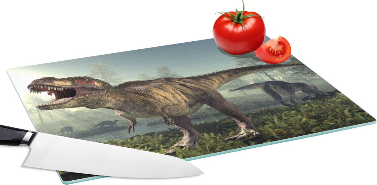 Glazen Snijplank - 39x28 - Dino - Gras - Tekening - Kinderen - Jongens - Snijplanken Glas
