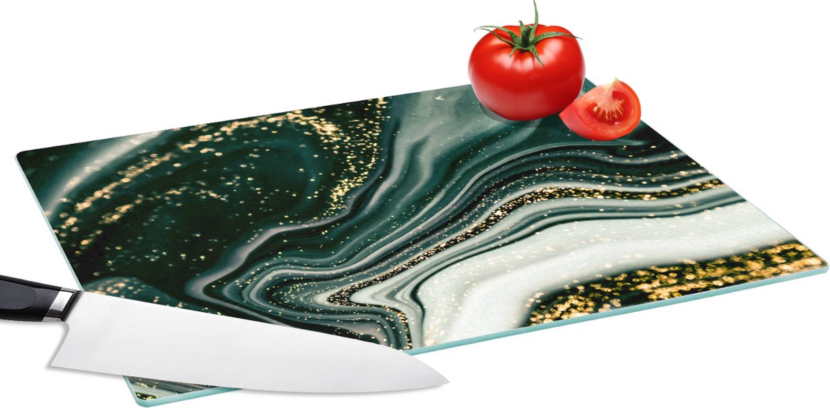 Glazen Snijplank - 39x28 - Marmerlook - Goud - Groen - Glitter - Design - Marmer - Snijplanken Glas