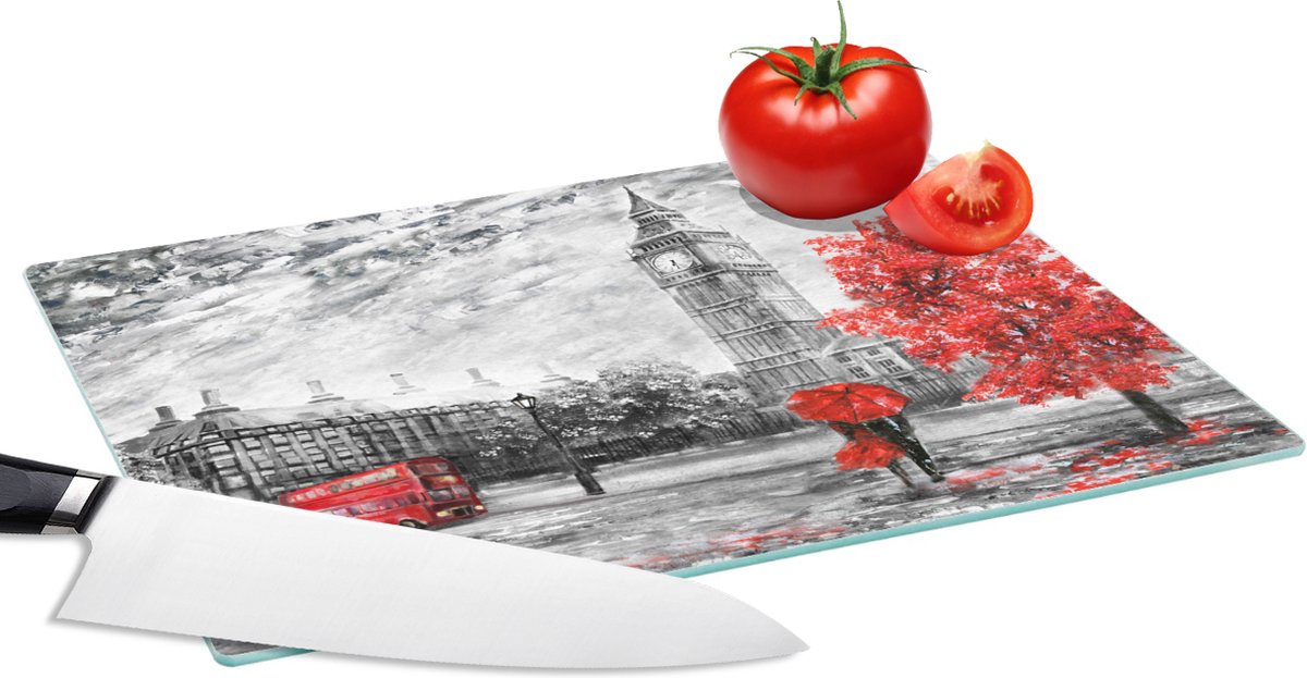 Glazen Snijplank - 28x20 - Schilderij - Big Ben - Rood - Paraplu - Snijplanken Glas