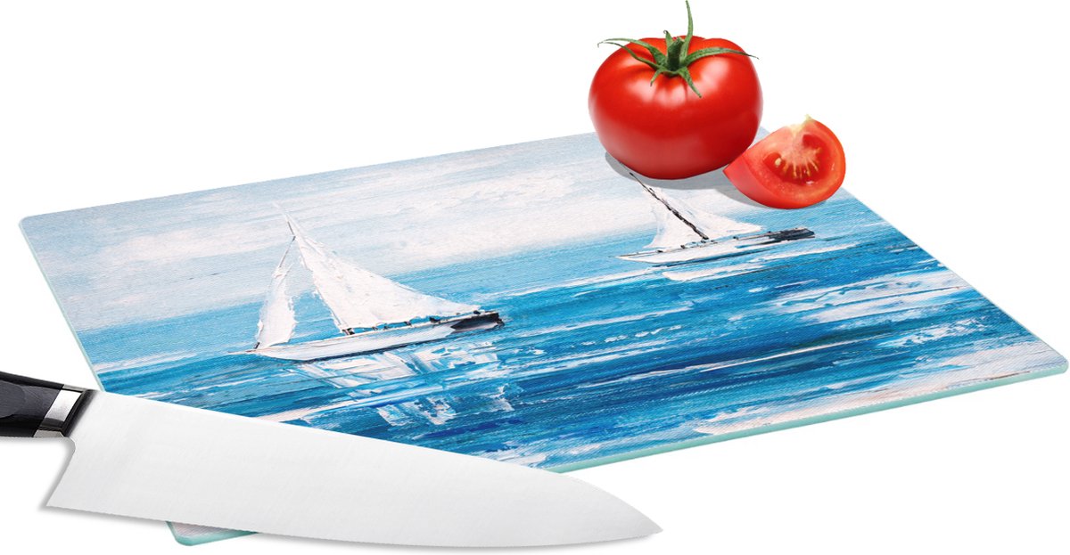 Glazen Snijplank - 28x20 - Schilderij - Olieverf - Boot - Water - Snijplanken Glas