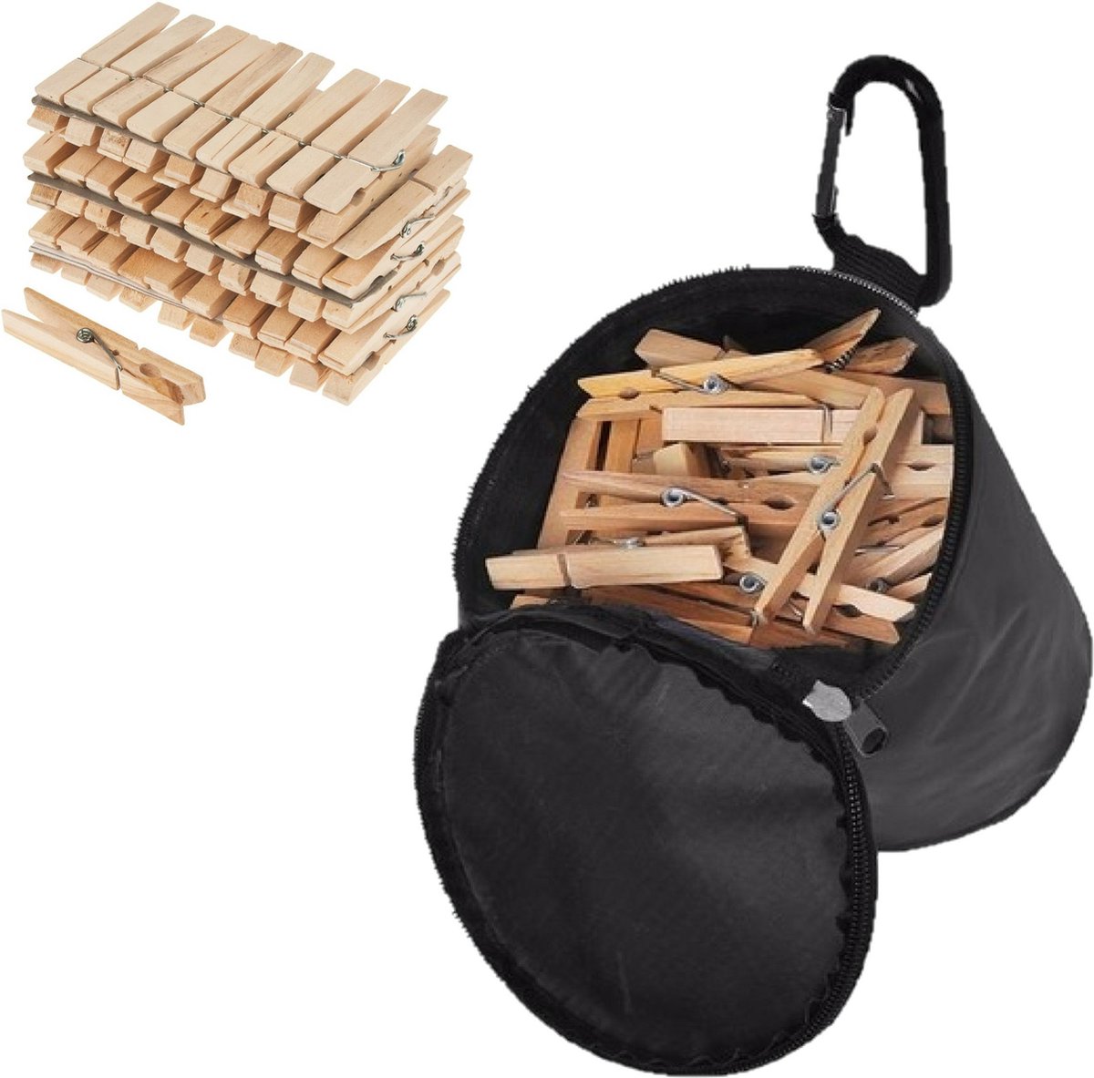 Goedkoopste Sorx - Wasknijpers zak met karabijn ophanghaak - 96x wasknijpers hout