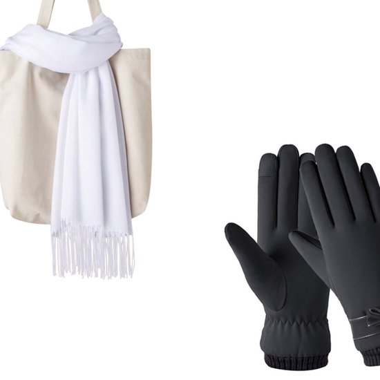Winterset Wit/Zwart - Witte Sjaal 200*70cm + Zwarte Handschoenen Maat M