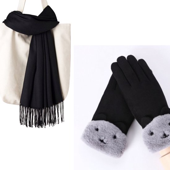 Winterset Zwart - Zwarte Sjaal 200*70cm + Zwarte Handschoenen Maat M