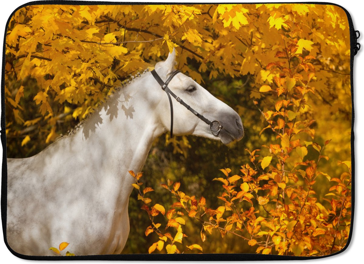 Laptophoes 14 inch - Paard - Bladeren - Herfst - Laptop sleeve - Binnenmaat 33x23 cm - Zwarte achterkant