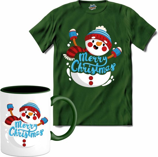 Merry christmas sneeuwpop - T-Shirt met mok - Heren - Bottle Groen - Maat L