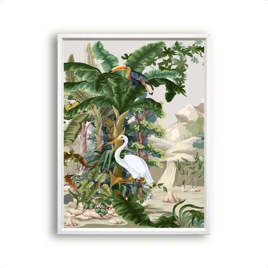 Postercity - Poster Vintage Jungle Dieren Kraanvogel Toekan midden - Jungle / Safari Poster - Kinderkamer / Babykamer - 70x50cm