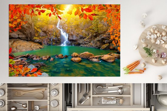 KitchenYeah® Inductie beschermer 80x52 cm - Stenen - Boom - Waterval - Herfst - Rood - Kookplaataccessoires - Afdekplaat voor kookplaat - Inductiebeschermer - Inductiemat - Inductieplaat mat